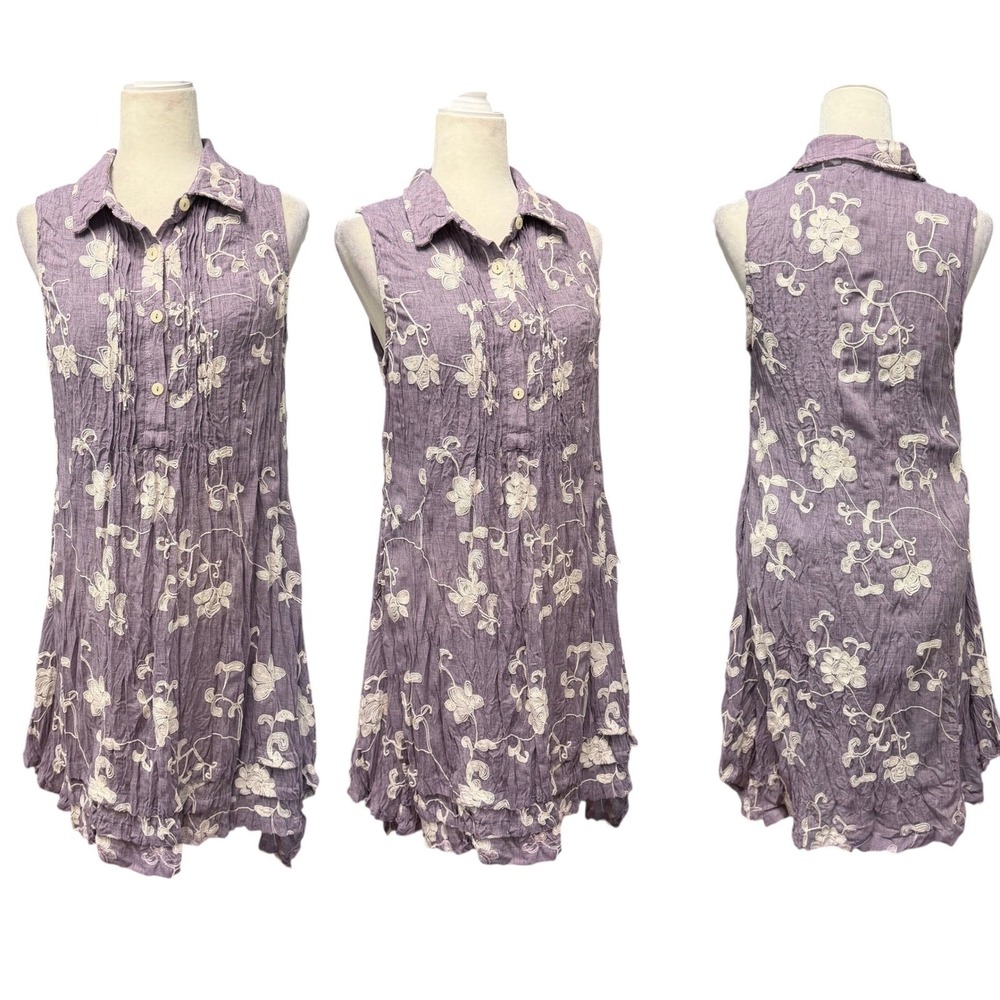 VASNA Womens L Shirt Dress Floral Embroidered Crinkle Linen Blend Boho Lagenlook